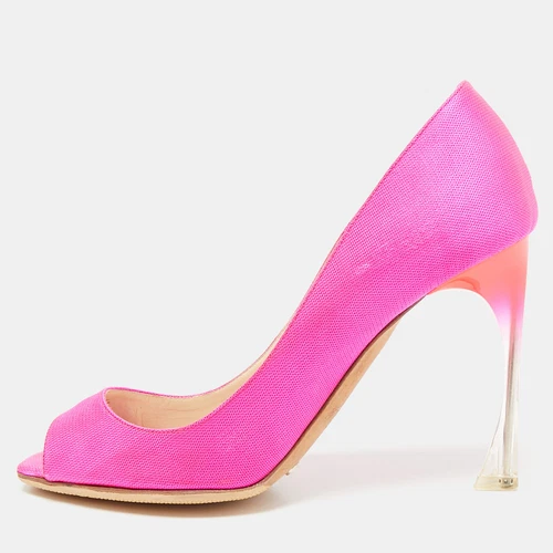 Escarpins Dior en toile rose fuchsia talon évasé bout ouvert pointure 37,5
