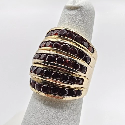 Huge! Vintage Sterling Silver Gold Vermeil Five Row Garnet Ring 925 Size 6.25