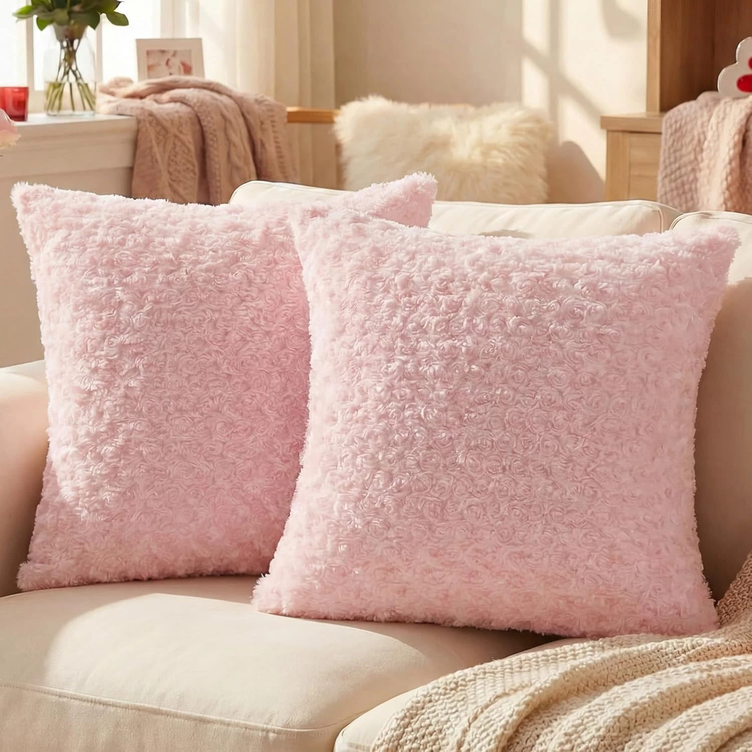 Pack of 2 Solid Throw Pillow Covers 18X18 Inch Soft Rose Swirl Textured Decorati