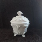 Vintage Jeannette Shell Pink Milk Glass Grape Pattern Footed Candy Dish with Lid