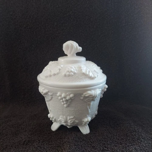 Vintage Jeannette Shell Pink Milk Glass Grape Pattern Footed Candy Dish with Lid