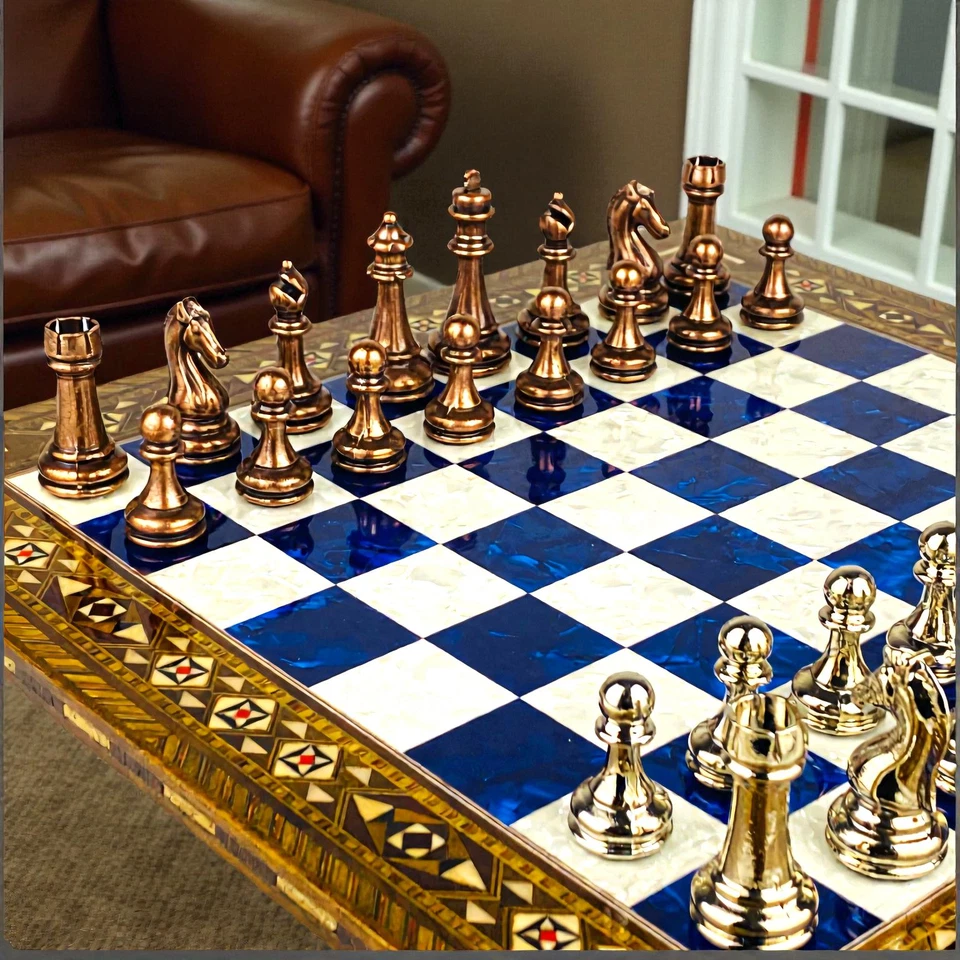 Luxury Wood Chess Set – Mosaic Inlay & Metal Pieces | Handmade Christmas Gift 🎁 - Image 3 of 4