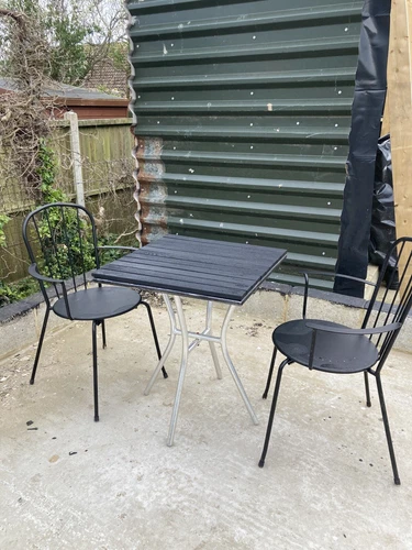 Garden Table & Chair Set Metal Chairs, Soild Wood Table Top Legs Metal Outside