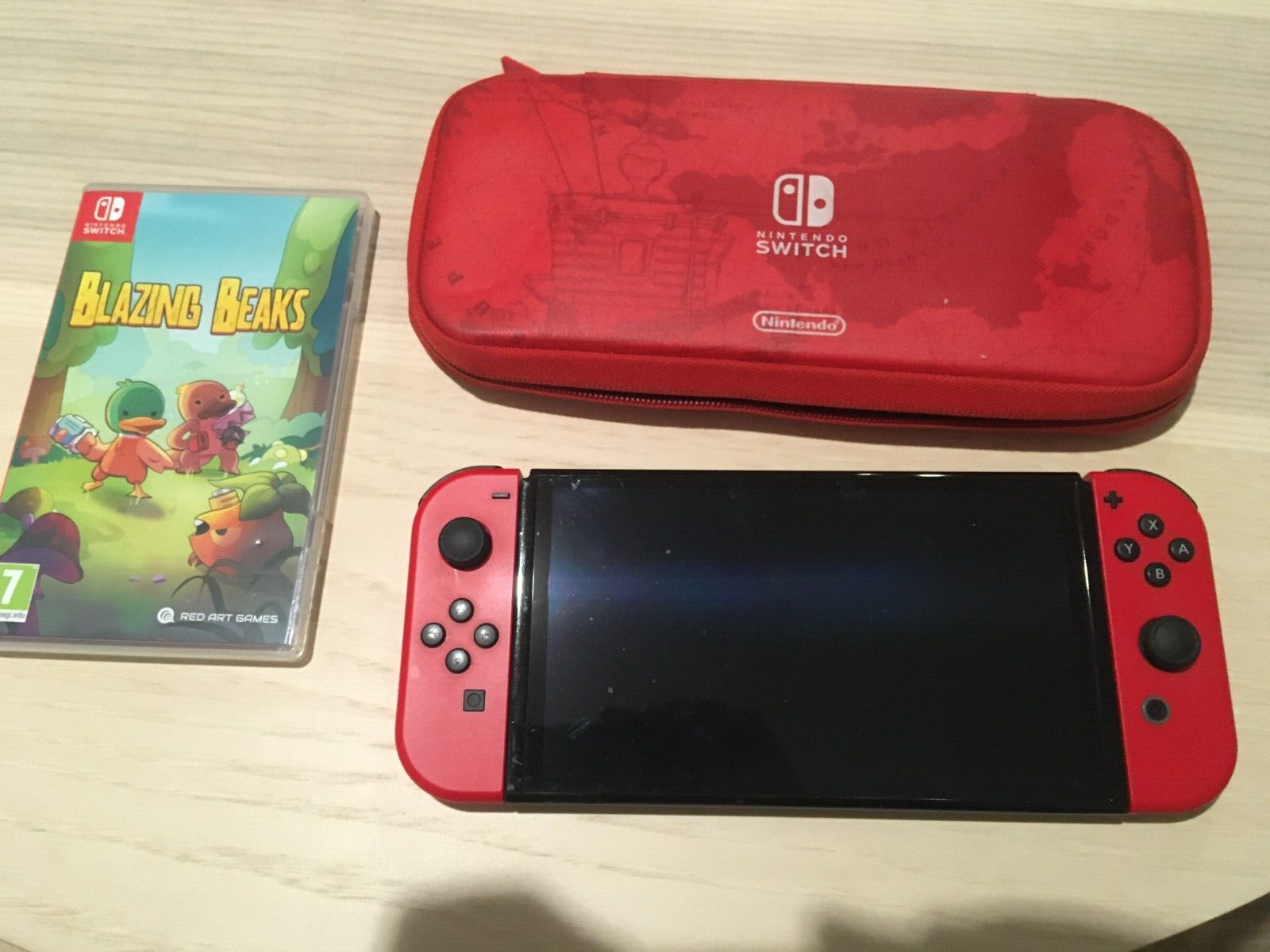 Nintendo Switch OLED Console + Mario Odyssey Red Joycons (Rare) + 2017 Case/Game-image