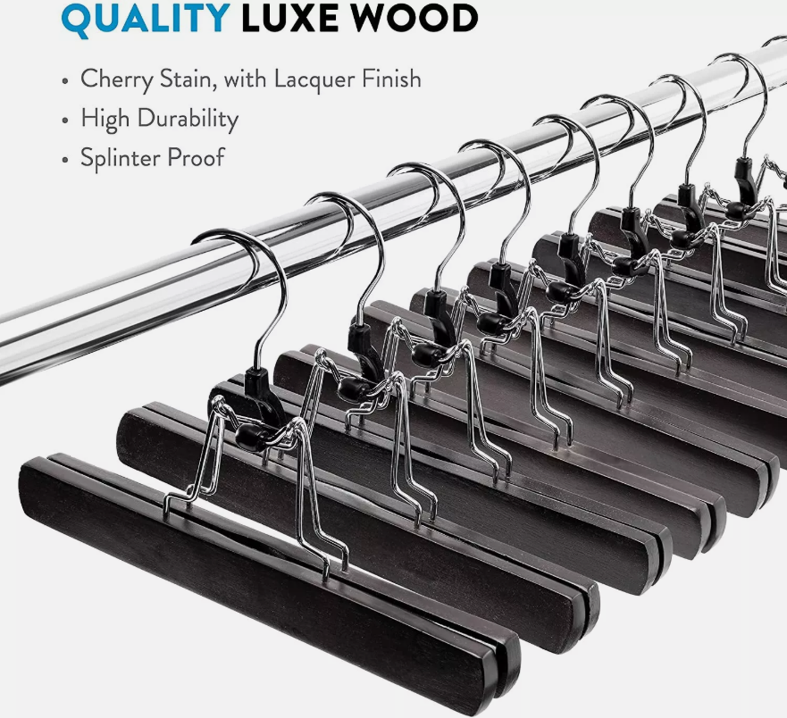 Premium Non-Slip Wooden Pants Hangers with Clips - 10 Pack  