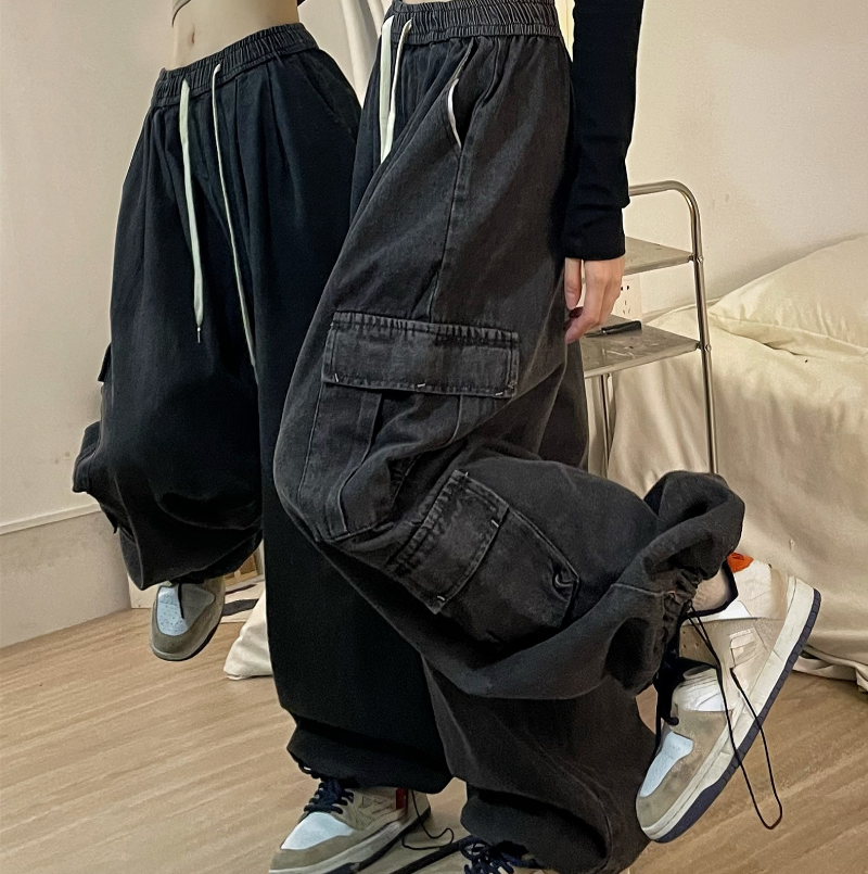 【BAON】23SS★ [BAON] Twen Cargo Banding Denim Pants Tbahhir Baggy Cargo Jeans for Women Distressed Irregular