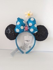 Disney Minnie Mouse Ears Headband Sequin Blue and White Polka Dot Bow with Daisy