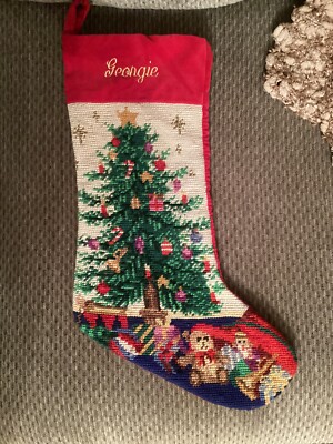 Lillian Vernon Needlepoint Christmas Stocking Wool Velvet Xmas Tree - GEORGIE