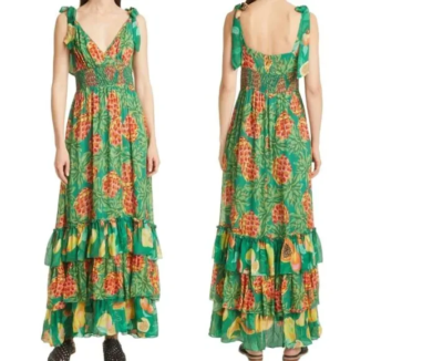 green emerald velvet dress FARM RIO Pineapple Garden Long Sleeve Mini Dress In Green