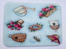 Glass Cutting Board Kitchen Art Counter Saver Garden Bee Hive Bird Nest House