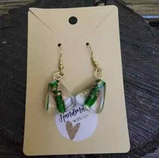 Handmade Earrings, Clear triangle Bead with Green and Gold accents
