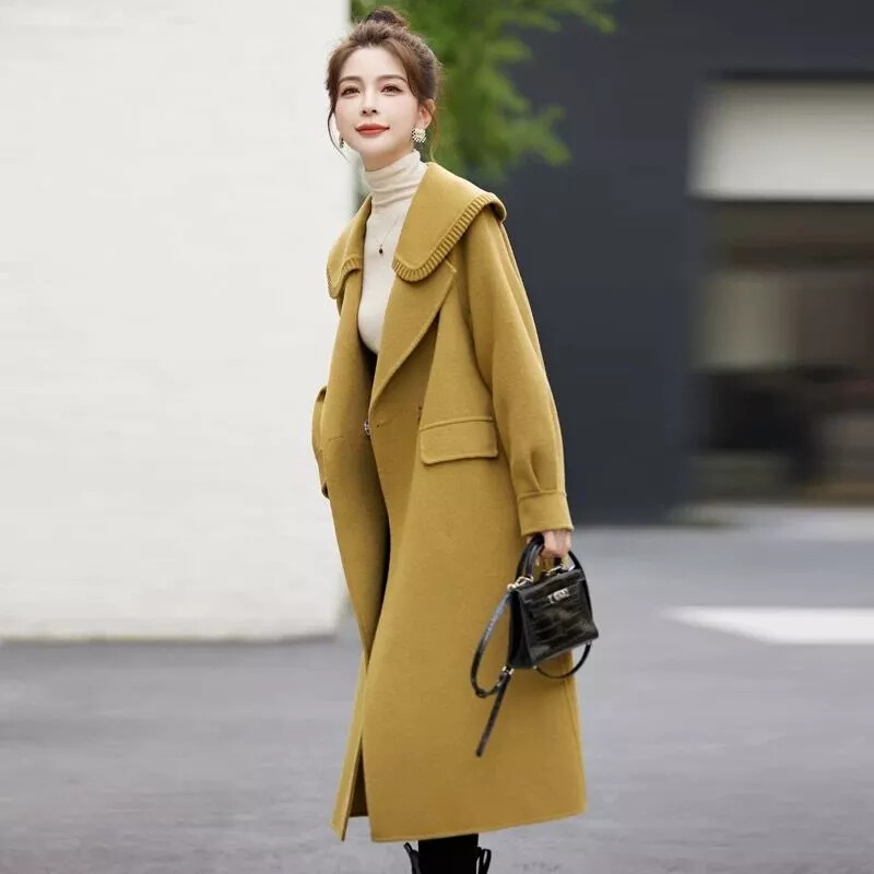 Abrigo Mujer Chaqueta Larga Amarillo Beige Botones Elegante Slim 23402