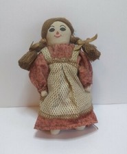 Vintage Girl Doll Folk Art Fabric brown Braided Hair W/ Dress, 5" tall