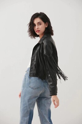 Native Americans Women's Cowgirl Star Black Leather Jacket Western Coat Fringes