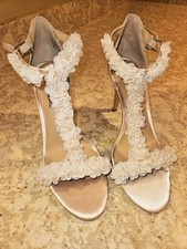 Ivory Satin Floral Strappy Stiletto Sandals for Women Wedding or Party Wear