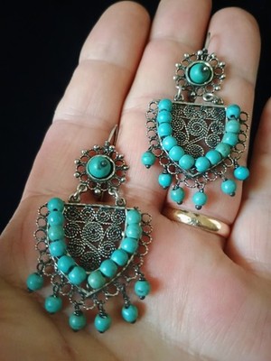 Taxco Oaxacan Filigree 925 Sterling & Turquoise Frida Style Wedding Earrings NEW