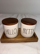 Rae Dunn "Hello Pretty" Vanity Set, 2 Cups  Natural Wood Tray, Great SOLD