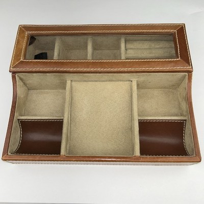 Fossil Brand Genuine Leather Jewelry Box Organizer Brown with Beige Suede