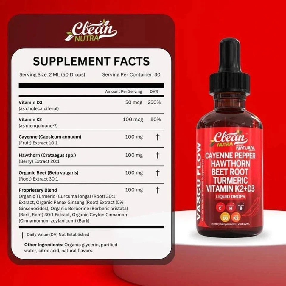 Paquete de 2 gotas líquidas de vitamina K2+D3 de raíz de remolacha espino pimienta de cayena 60 ml Foto 4 de 4