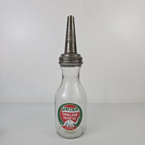 Vintage Motor Oil Bottle Tin Metal Spout Duraglas Quart Embossed Glass Sinclair