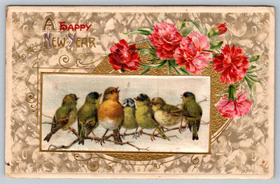 c1910s Birds Flowers A Happy New Year Greetings Embossed Antique Postcard