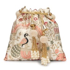 LONGING TO BUY Indian Embroidered Pearl Potli Bag For Cream- Peacock Design