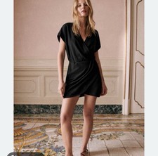 Sézane Golda Black Linen Blend Faux Wrap Skirt Dolman Mini Dress Size Medium