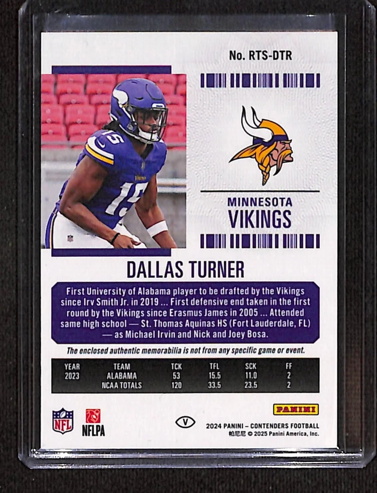 2024 Panini Contenders Football Rookie Ticket Jersey Dallas Turner - Image 2 of 2
