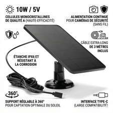 Panneau Solaire 10W 5V Chargeur Type-C Caméra Sécurité Extérieure Étanche