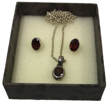 Sterling Silver Dark Red Garnet Earrings & Pendant Necklace Set Ladies Jewellery