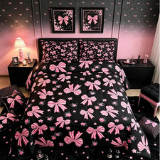 Black Pink Bow Bedding Set Soft for Boys Girls, Cute Floral Comforter Set Twin S