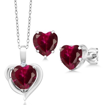 5.12 Ct Heart Shape Red Created Ruby 925 Sterling Silver Pendant Earrings Set