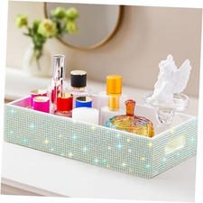 Bling Rhinestone Bathroom Basket with Handle 13" x 6" x 3" Toilet Tank White