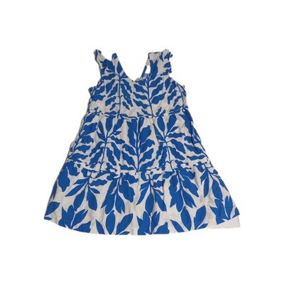 Rachel Zoe Blue White Botanical Linen Blend Tiered Mini Dress Coastal Boho Sz M
