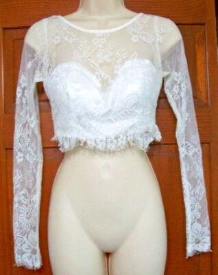 DEAR MOON SZ 1 WHITE WEDDING EYELASH LACE CROP TOP~SATIN PADDED LINING~ZIP BACK~