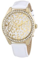 Guess White shiny Strap Gold Crystal Accented Bezel Women's Watch W0401L1