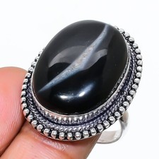 Natural Banded Agate Gemstone 925 Sterling Silver Jewelry Ring Size 8.5 US 