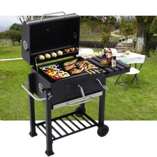 Outdoor Charcoal BBQ Grill Smoker Trolley With Shelves & Thermometer on Wheels