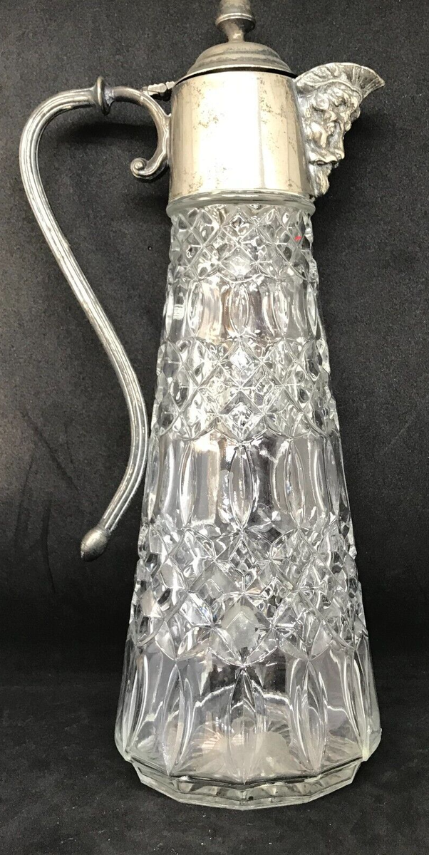 Falstaff英国silverplatedカクテルシェイカー : ヴィンテージ Vintage England Glass-Falstaff Head Handled Claret Jug Pitcher