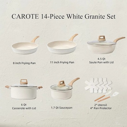 Carote 14 Pcs Pots and Pans Set Nonstick,White Granite Induction .Cookware Sets - Picture 2 of 3