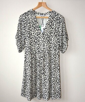 Ex Ro&Zo creme + schwarz Ditsy Blumendruck V-Ausschnitt Knopf gefüttert Minikleid Gr. 6
