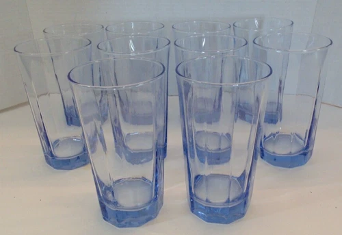 Vtg Set of 10 Anchor Hocking Blue Drinking Glasses Tumblers 10 Panels 6" Tall