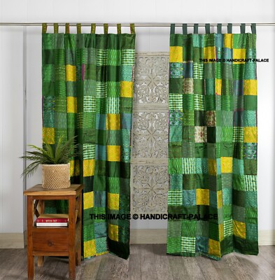 Indian Old Sari Green Color Curtain Door Drape Window Decor Silk Saree Curtains