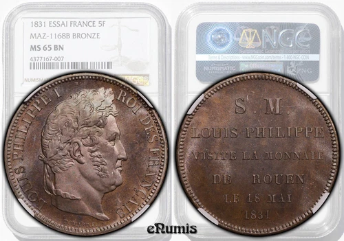 FRANCE, Louis Philippe, 5 Francs 1831, Essai, Mint Visit, Top Pop, NGC MS 65 BN