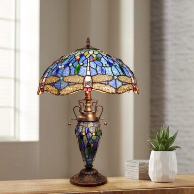 Dragonfly Tiffany Style Stained Glass Double Lit Table Lamps