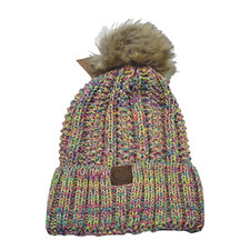C.C Cable Knit Faux Fuzzy Fur Pom Fleece Lined Cuff Beanie Multicolor