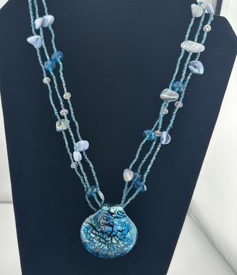 Boho Blue Crackle Glass Pendant Necklace Multi-Strand Beaded Shell