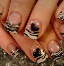 24 Pcs Press-On Nails SHORT Square Glossy Black  White Glitter French Manicure