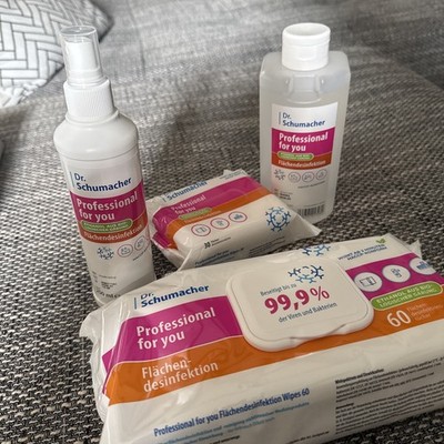 Dr Schumacher desinfektionstücher + Desinfektionsmittel Paket Neu 4tlg Urlaub 