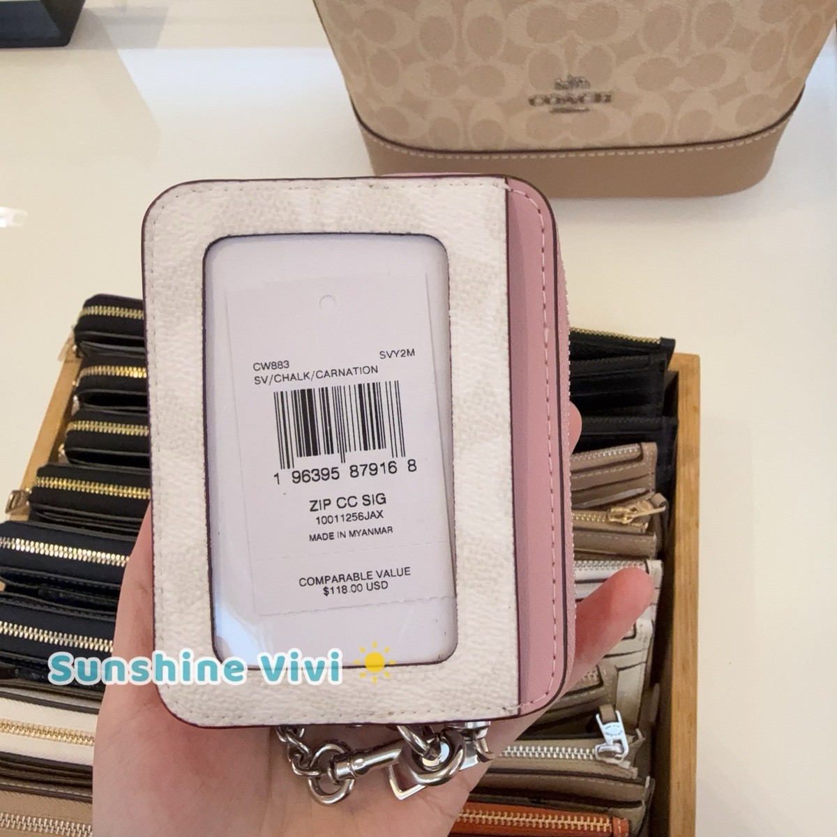 NWT Coach Zip Card Case CW883 Carnation Signature Coated Canvas